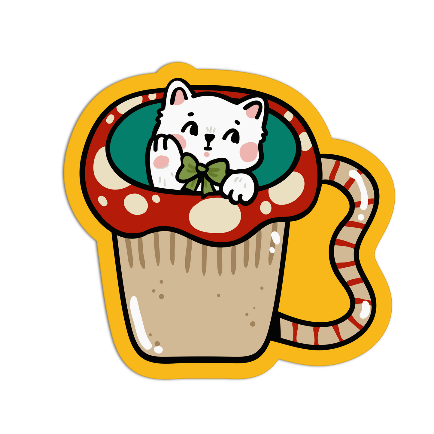Mushroom Cat Bow Cute Cups Sticker
