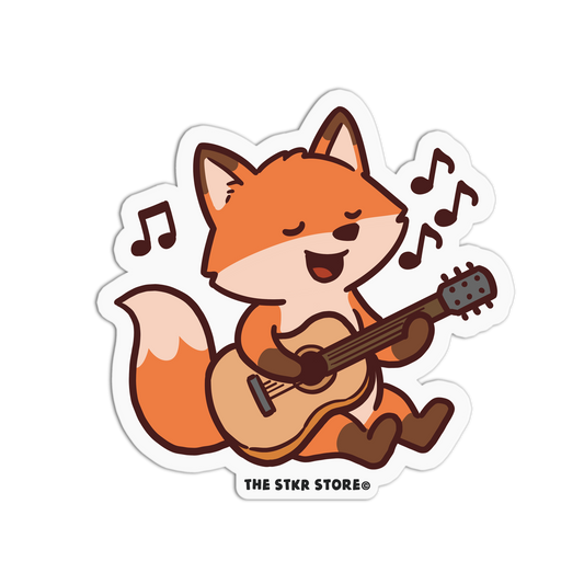 Cartoon fox playing a guitar with musical notes, from The STKR Store.
