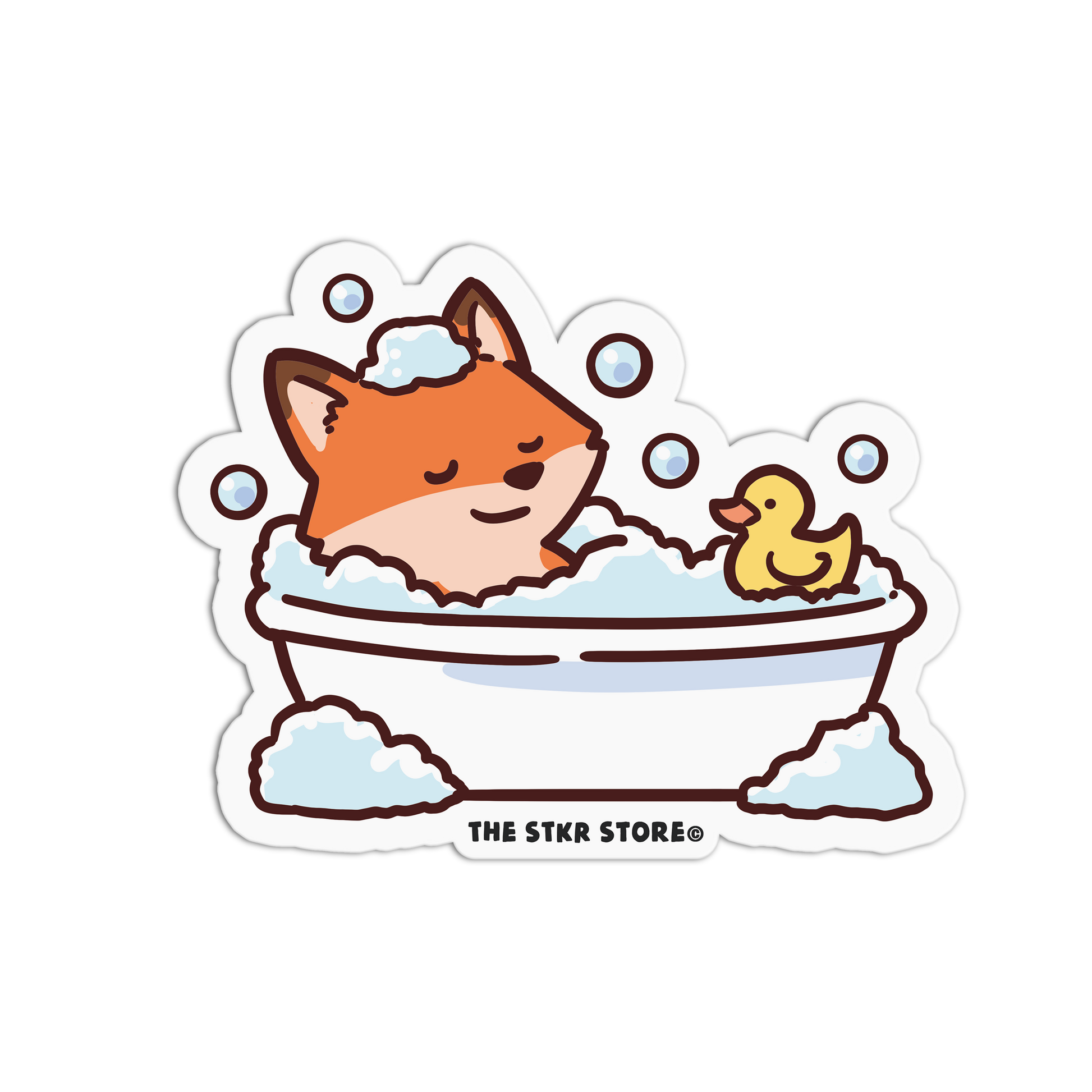 Sticker of a fox taking a bath with a duck and bubbles, from The STKR Store.