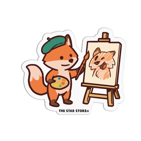 Sticker of a fox painting itself on an easel with 'The Stkr Store' logo.
