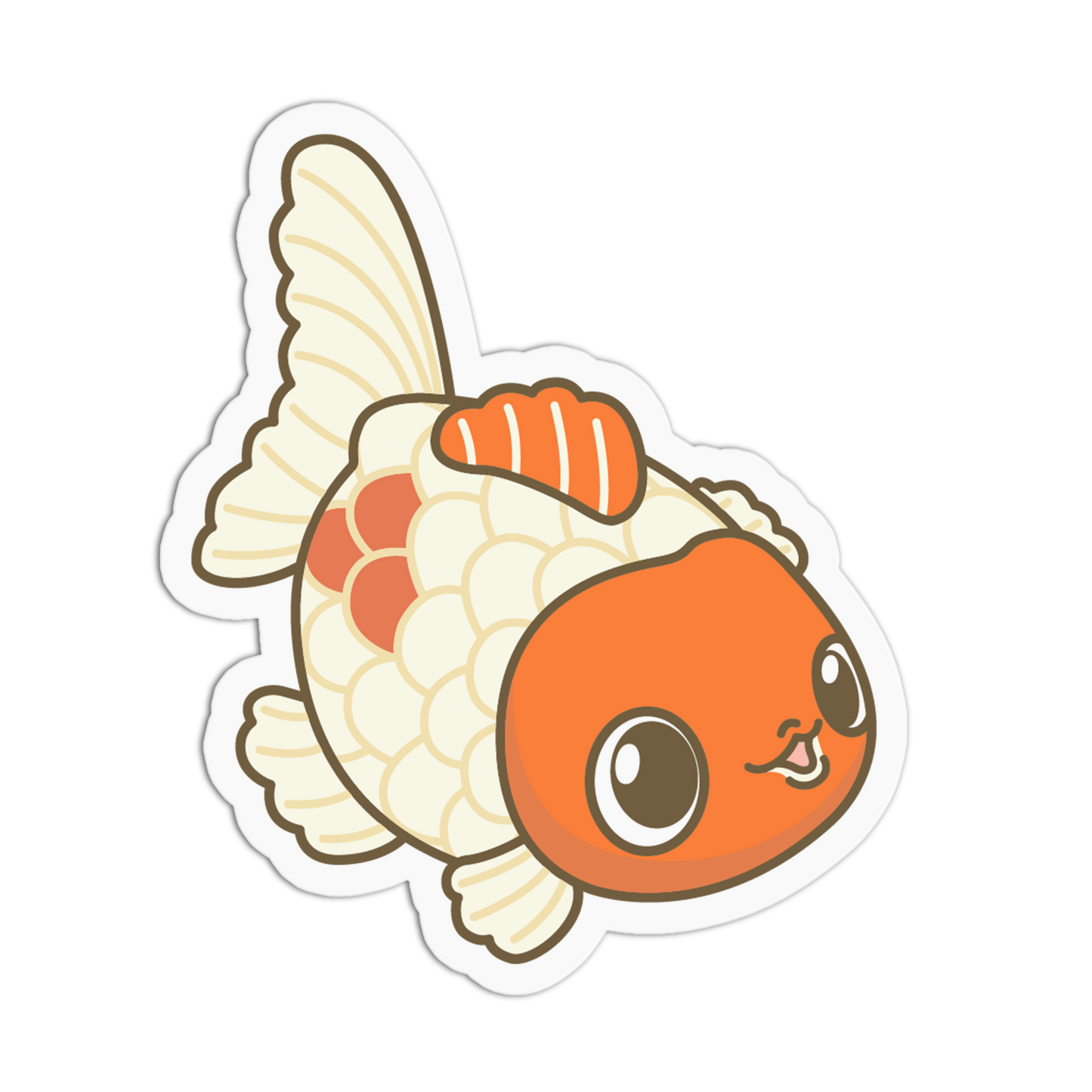 Cartoon goldfish with orange body and white fins on a white background