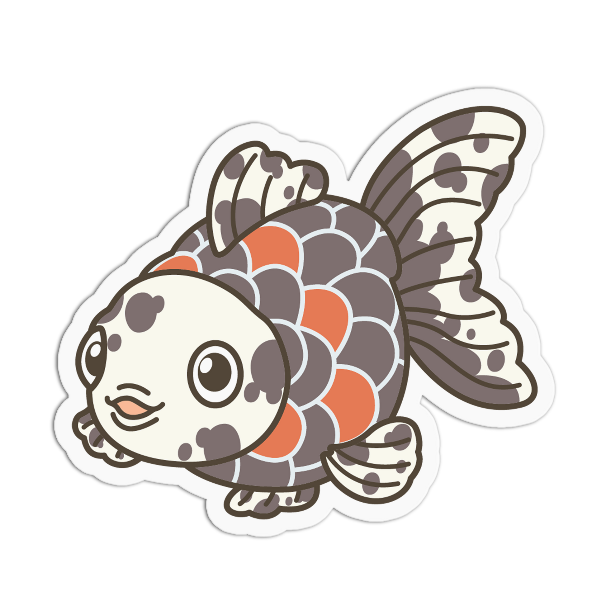 Cartoon fish with orange and gray scales on a white background
