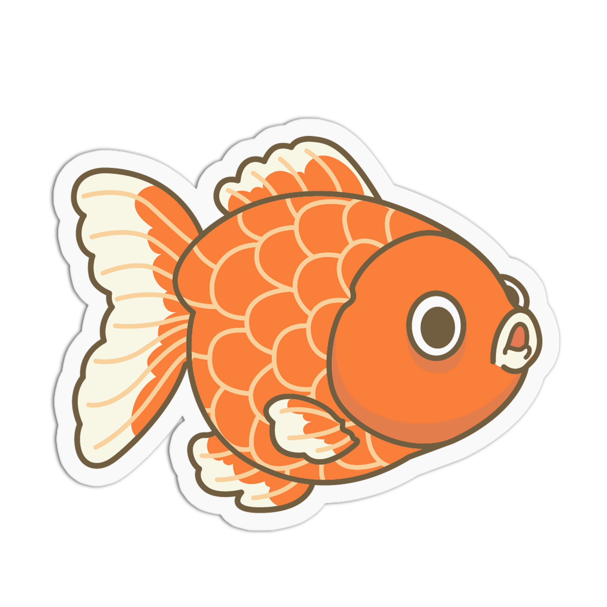 Cartoon goldfish with orange scales and white underbelly on a white background
