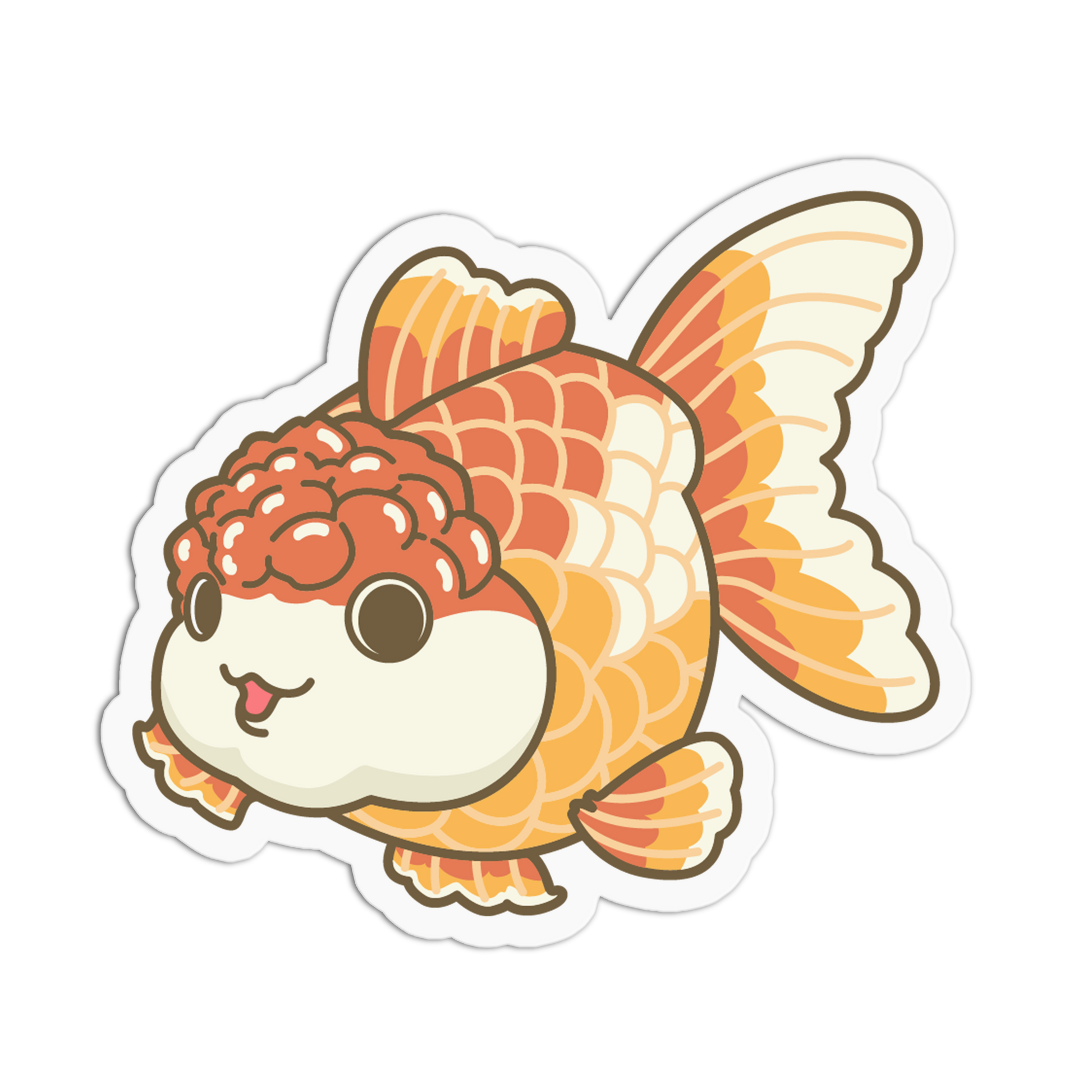 Cartoon goldfish with orange and white scales on a white background