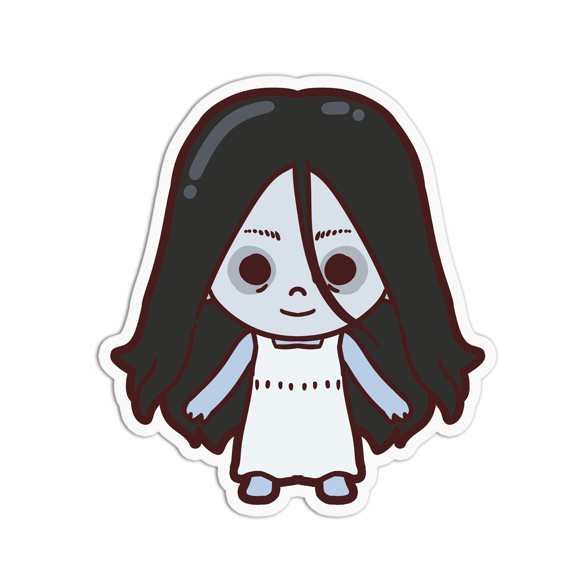 Cartoon character with long dark hair and a white dress on a white background