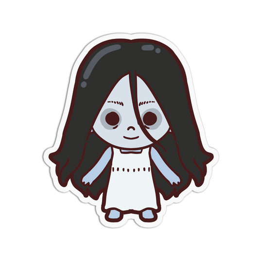 Cartoon character with long dark hair and a white dress on a white background