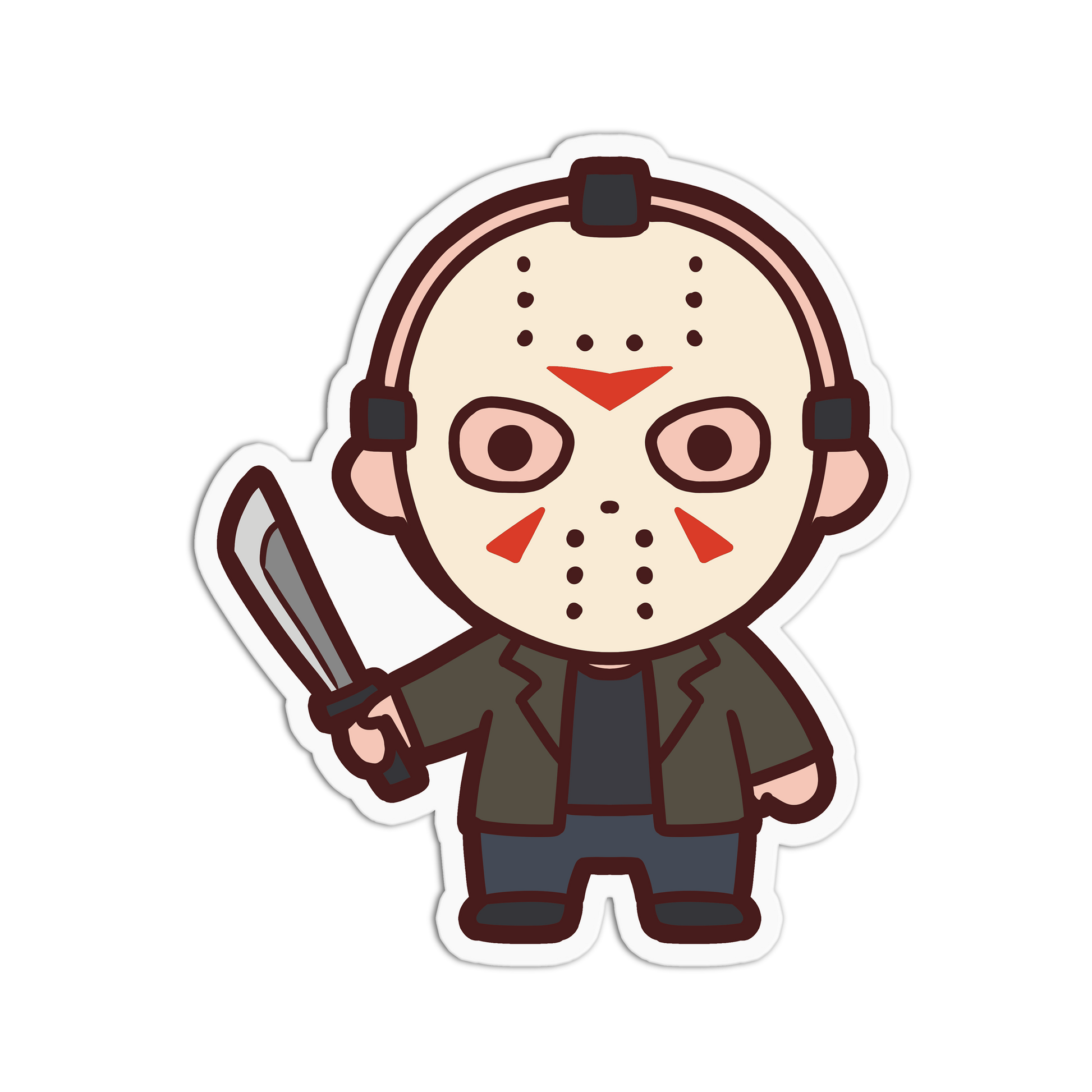 Cartoon character in a mask holding a knife on a white background