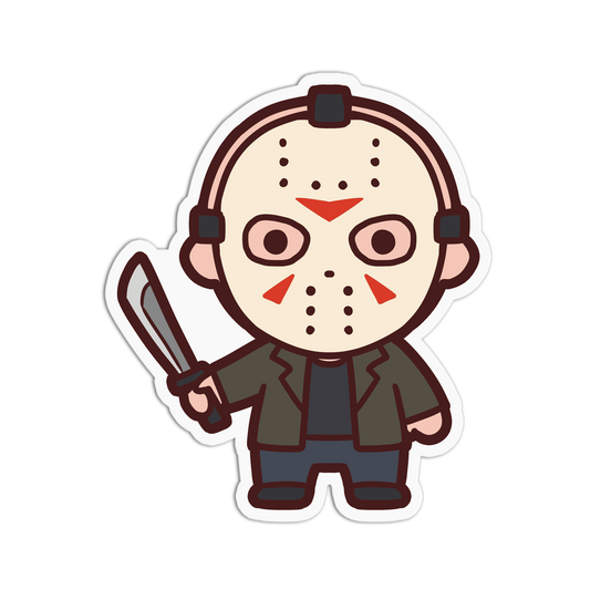Cartoon character in a mask holding a knife on a white background