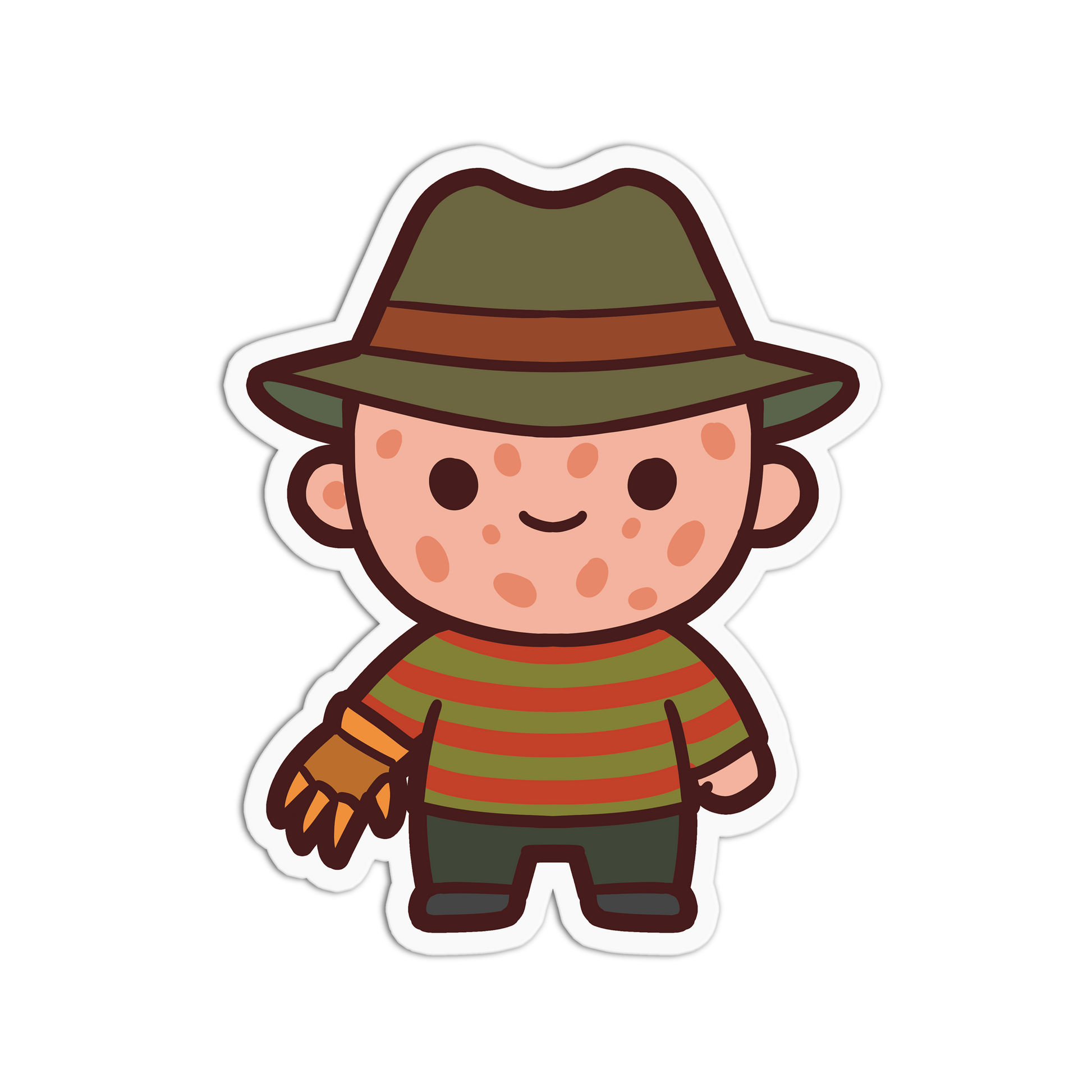 Cartoon character with a green hat and striped shirt on a white background