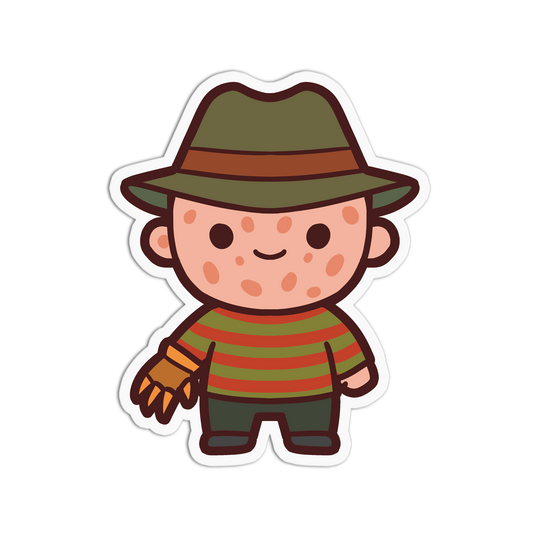 Cartoon character with a green hat and striped shirt on a white background
