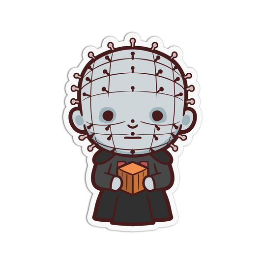 Cartoon character with a head full of pins holding a box on a white background