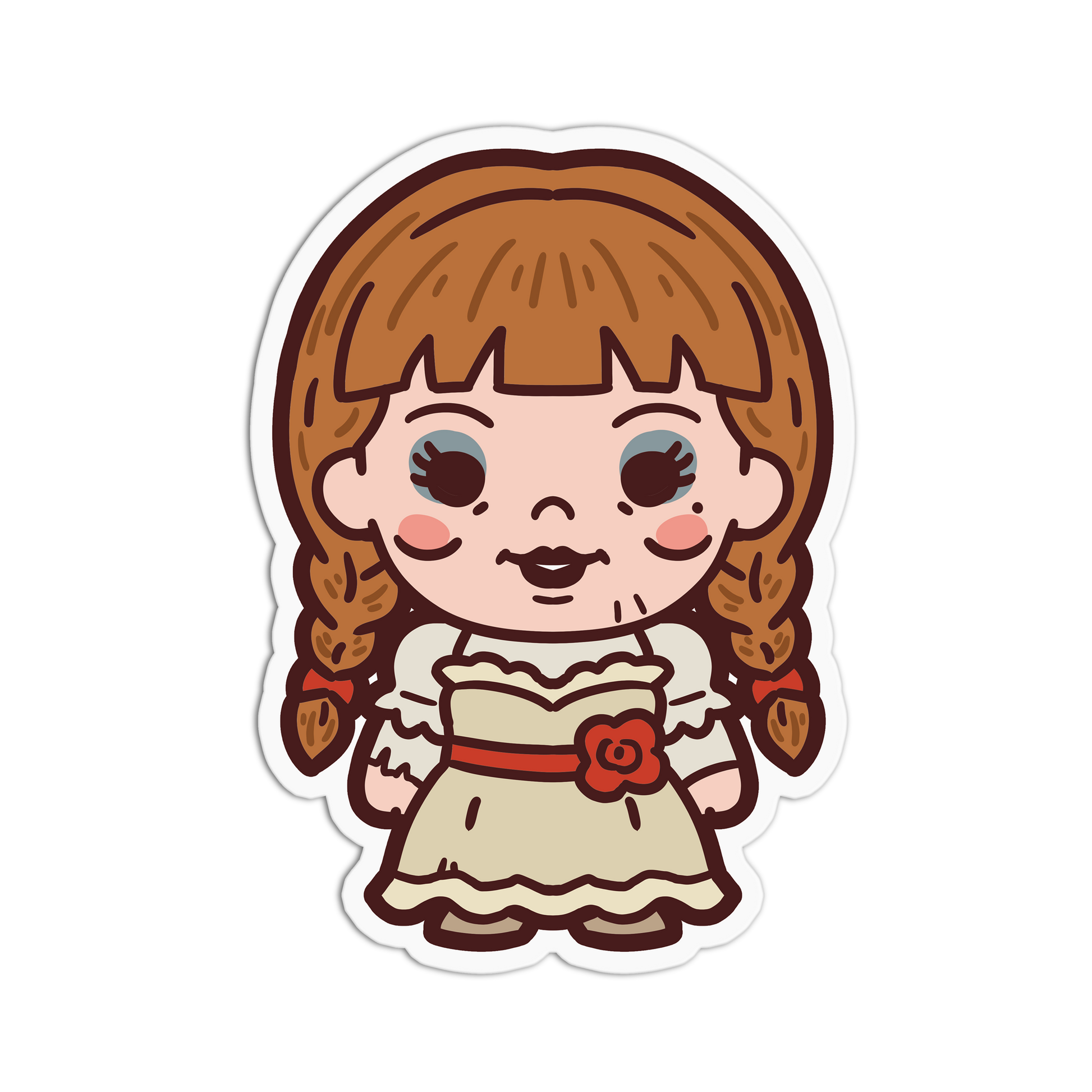 Cartoon character with brown hair and a white dress on a white background