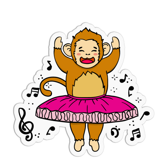 A cartoon monkey sticker or decal showing a smiling brown monkey with arms raised, wearing a bright pink tutu and surrounded by black musical notes on a white background.