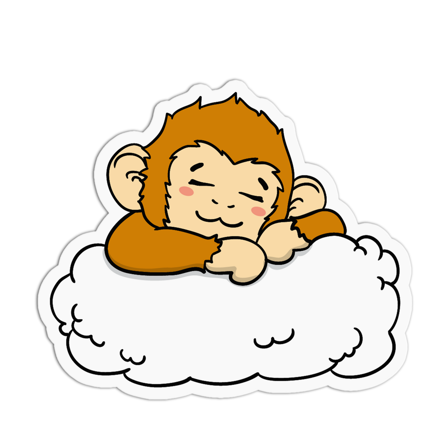 A cartoon sticker or decal showing a smiling orange-brown monkey resting on a fluffy white cloud, isolated on a black background.