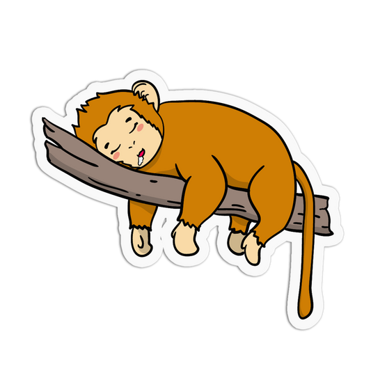 A cartoon die-cut sticker of a sleeping orange-brown monkey resting on a gray branch, shown on a plain white background.
