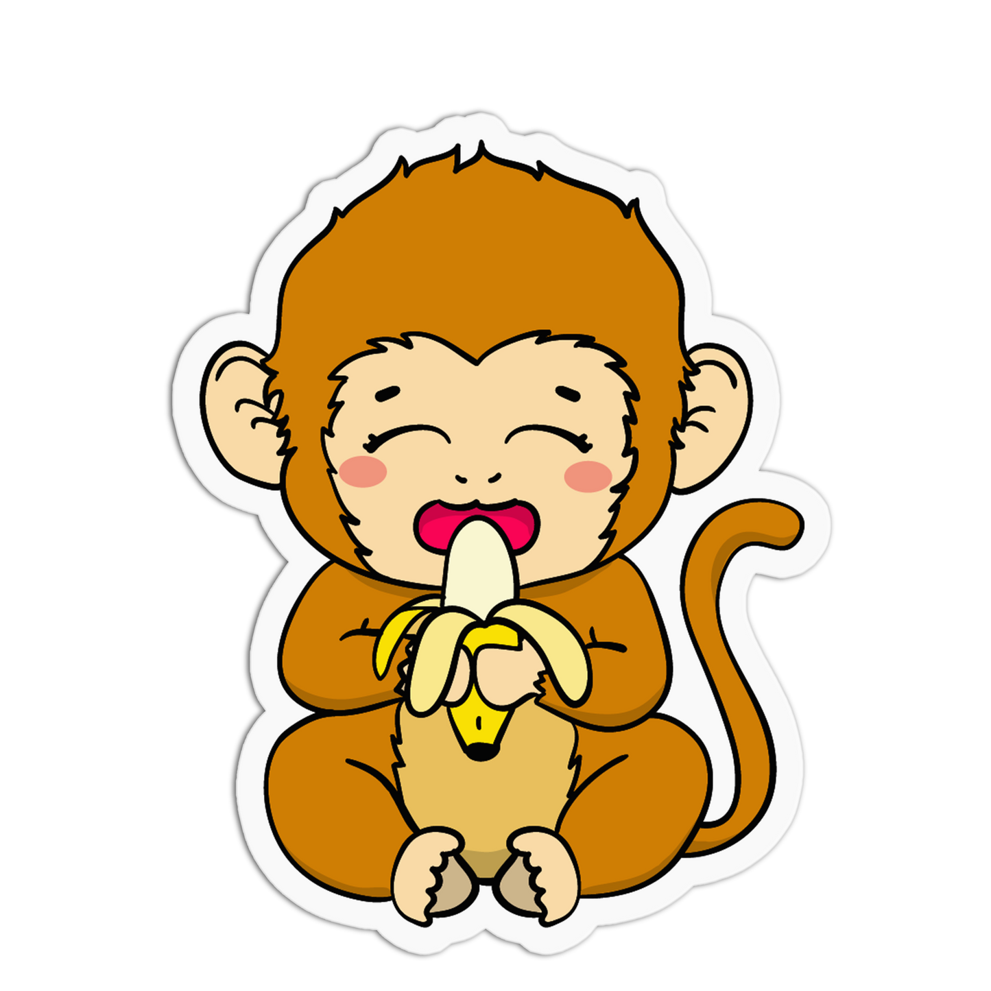 A cartoon sticker of a cute baby monkey with brown fur and a long tail, happily eating a yellow banana with its eyes closed, shown on a plain white background.