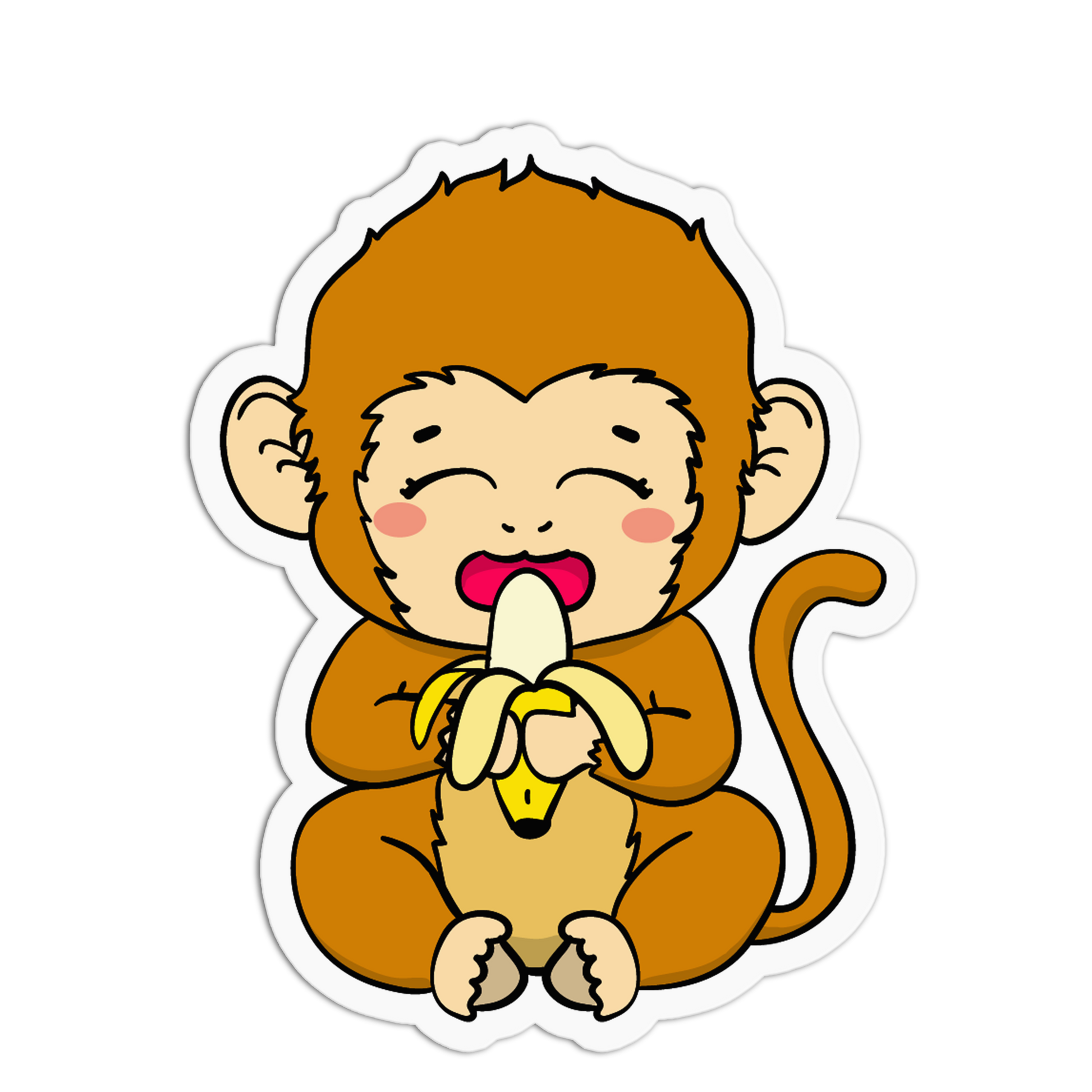 A cartoon sticker of a cute baby monkey with brown fur and a long tail, happily eating a yellow banana with its eyes closed, shown on a plain white background.