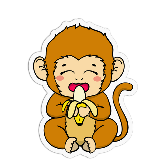 A cartoon sticker of a cute baby monkey with brown fur and a long tail, happily eating a yellow banana with its eyes closed, shown on a plain white background.