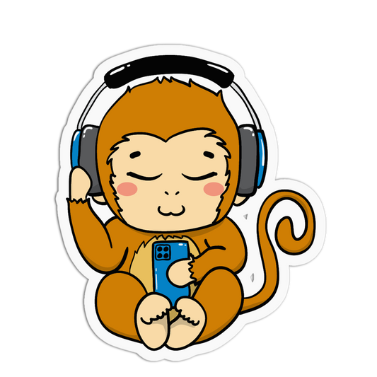 A cartoon sticker of a cute brown monkey wearing black headphones and holding a blue smartphone, shown on a white background with a die-cut outline.