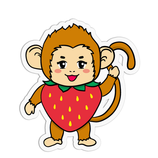 A cartoon sticker of a smiling monkey wearing a large red strawberry costume, shown on a plain white background with a white die-cut outline.