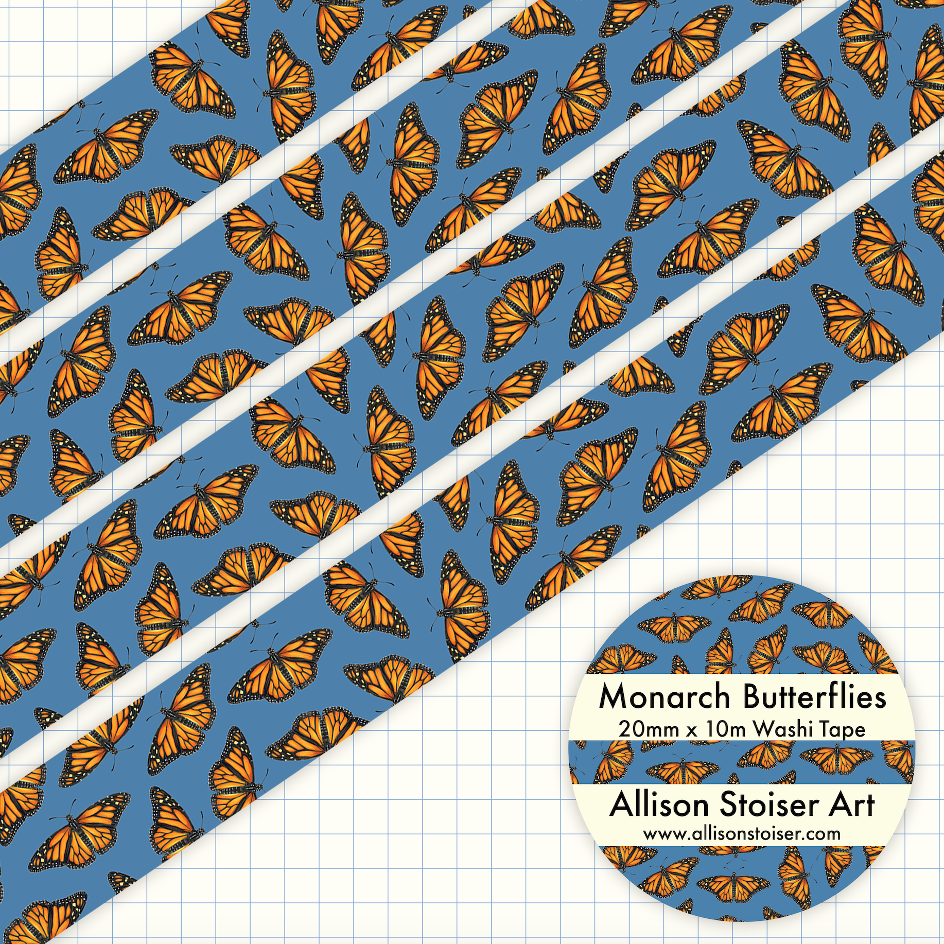 Washi tape with monarch butterfly pattern on a blue background, featuring the brand 'Allison Stoiser Art'.