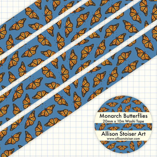 Washi tape with monarch butterfly pattern on a blue background, featuring the brand 'Allison Stoiser Art'.