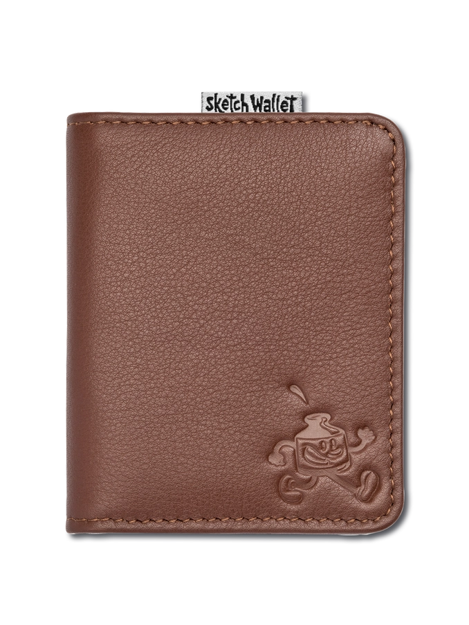 Brown leather wallet with a brand logo on a white background
