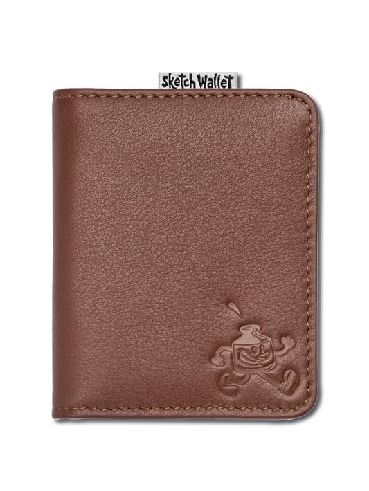 Brown leather wallet with a brand logo on a white background