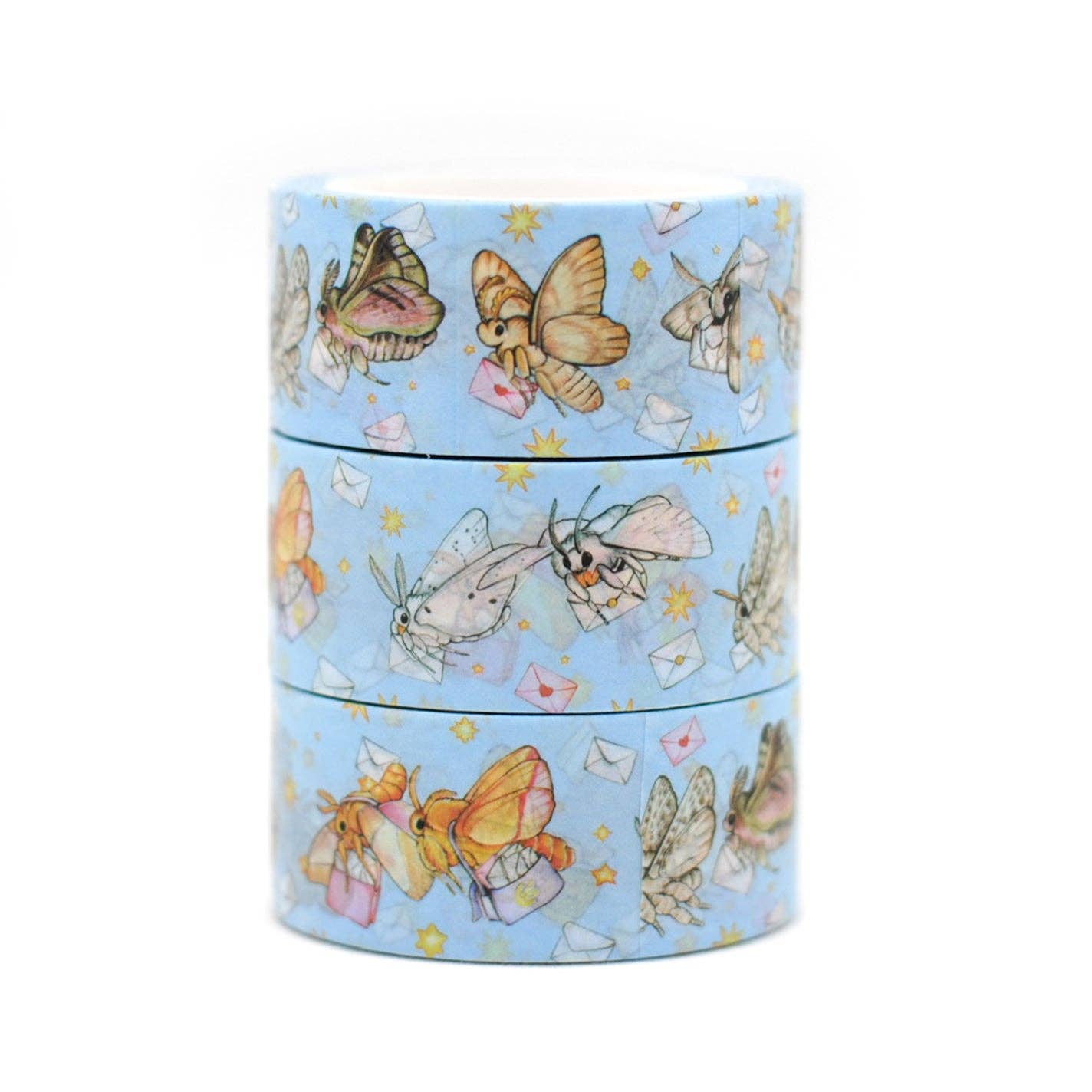Set of washi tape rolls with butterfly design on a light blue background