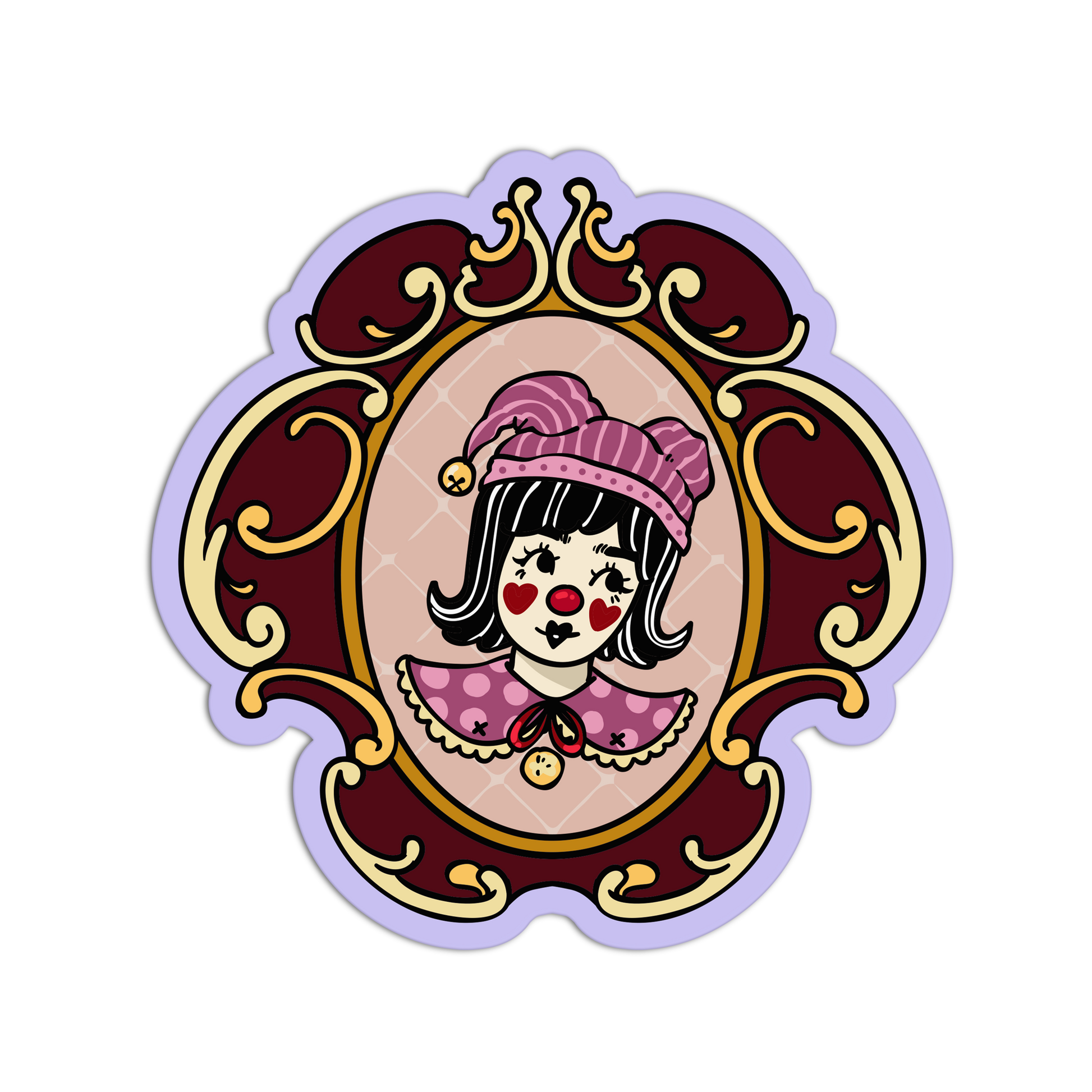 Cartoon clown face with a decorative frame on a white background