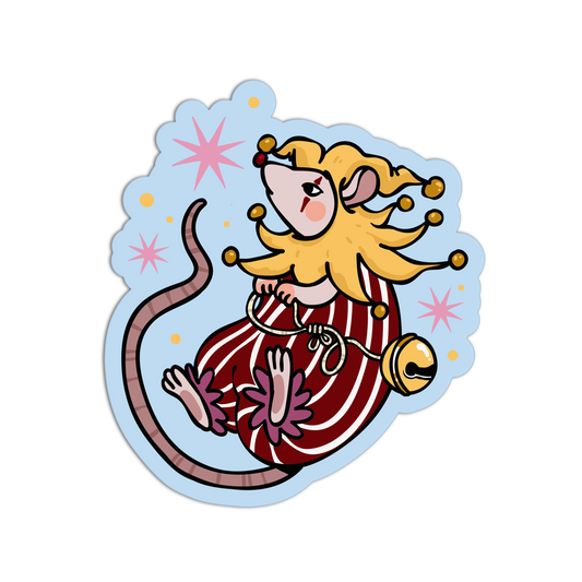 Illustration of a rat with blonde hair and a red dress on a light blue background