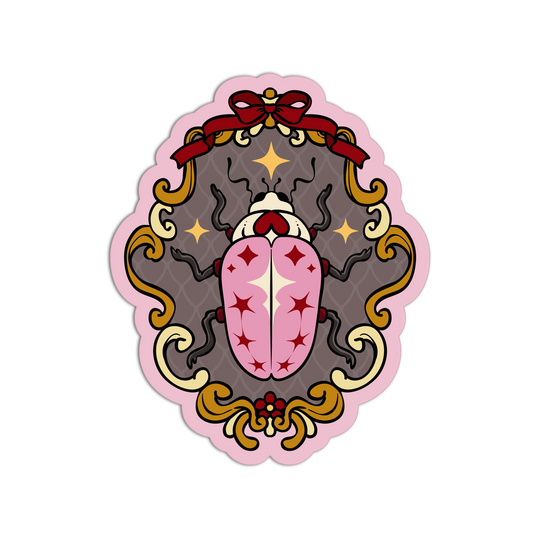 Decorative emblem with a pink central design, red accents, and gold elements on a white background.