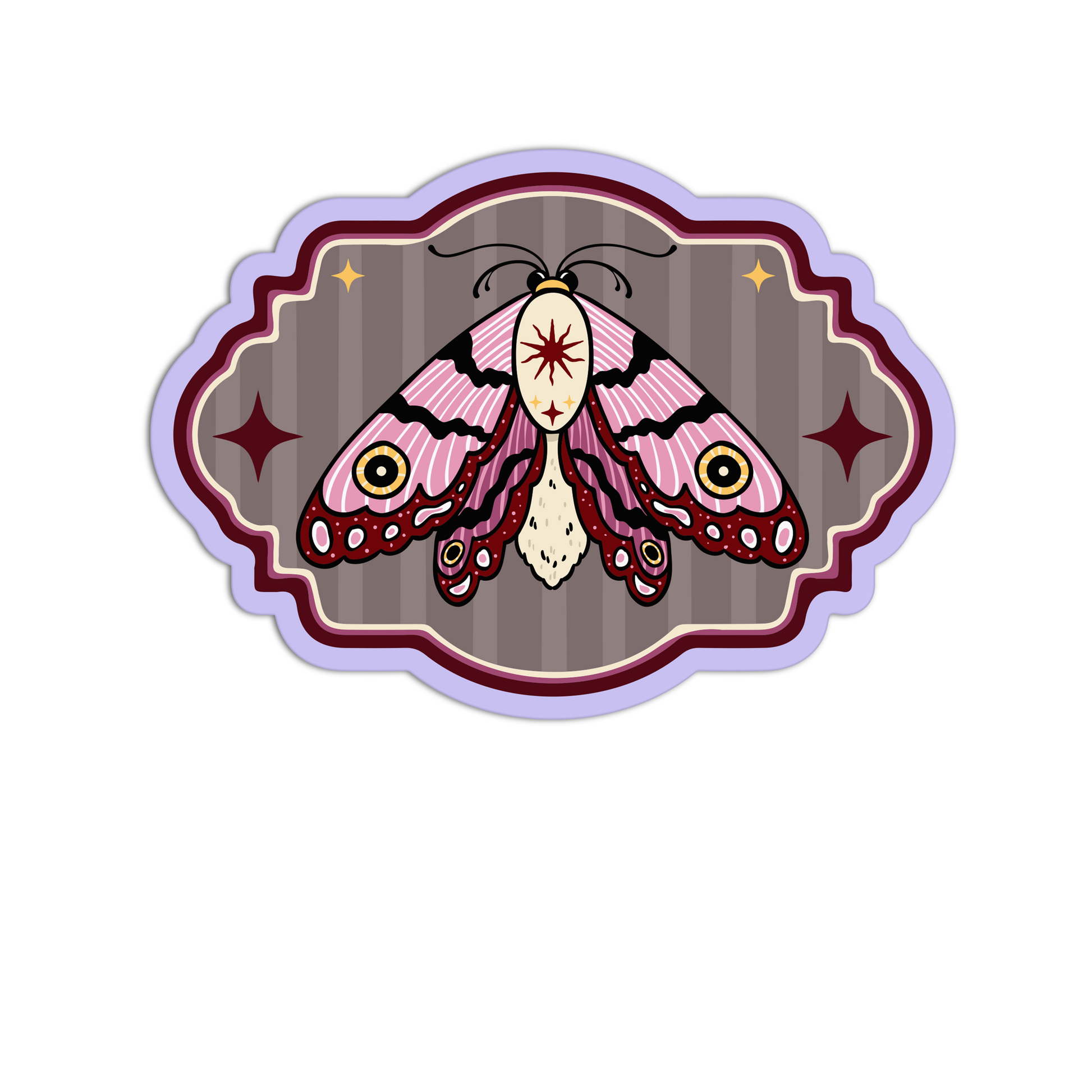 Decorative sticker with a pink moth design on a white background