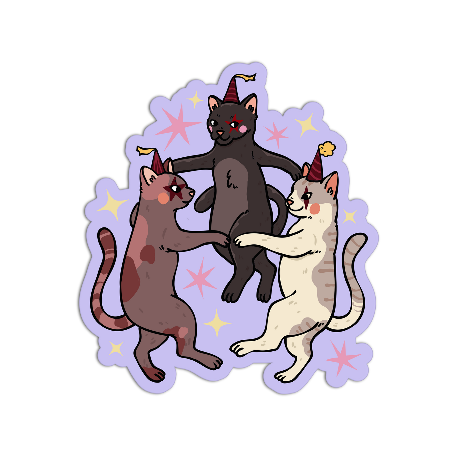 Three cartoon cats in festive hats on a purple background with stars