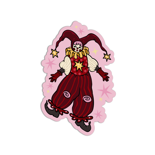 Cartoon clown character on a pink decorative background