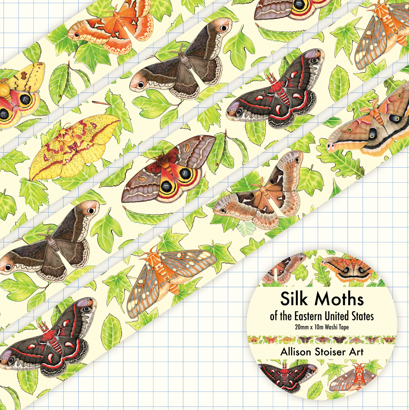 A roll of silk moth patterned craft tape shown diagonally across a blue graph paper background, with a circular label reading 'Silk Moths of the Eastern United States' and 'Allison Stoiker Art'.