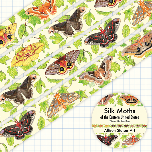 A roll of silk moth patterned craft tape shown diagonally across a blue graph paper background, with a circular label reading 'Silk Moths of the Eastern United States' and 'Allison Stoiker Art'.