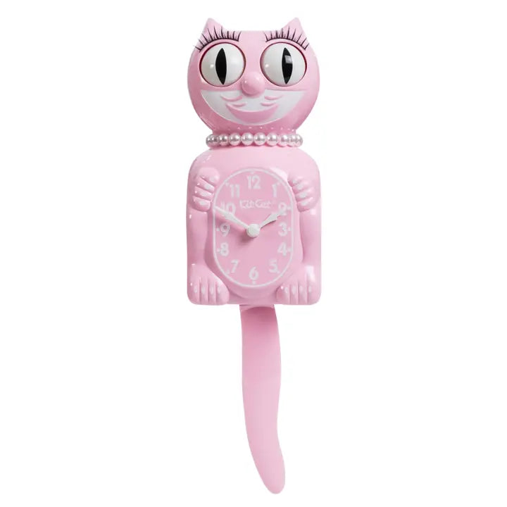 Pink cat-shaped clock on a white background