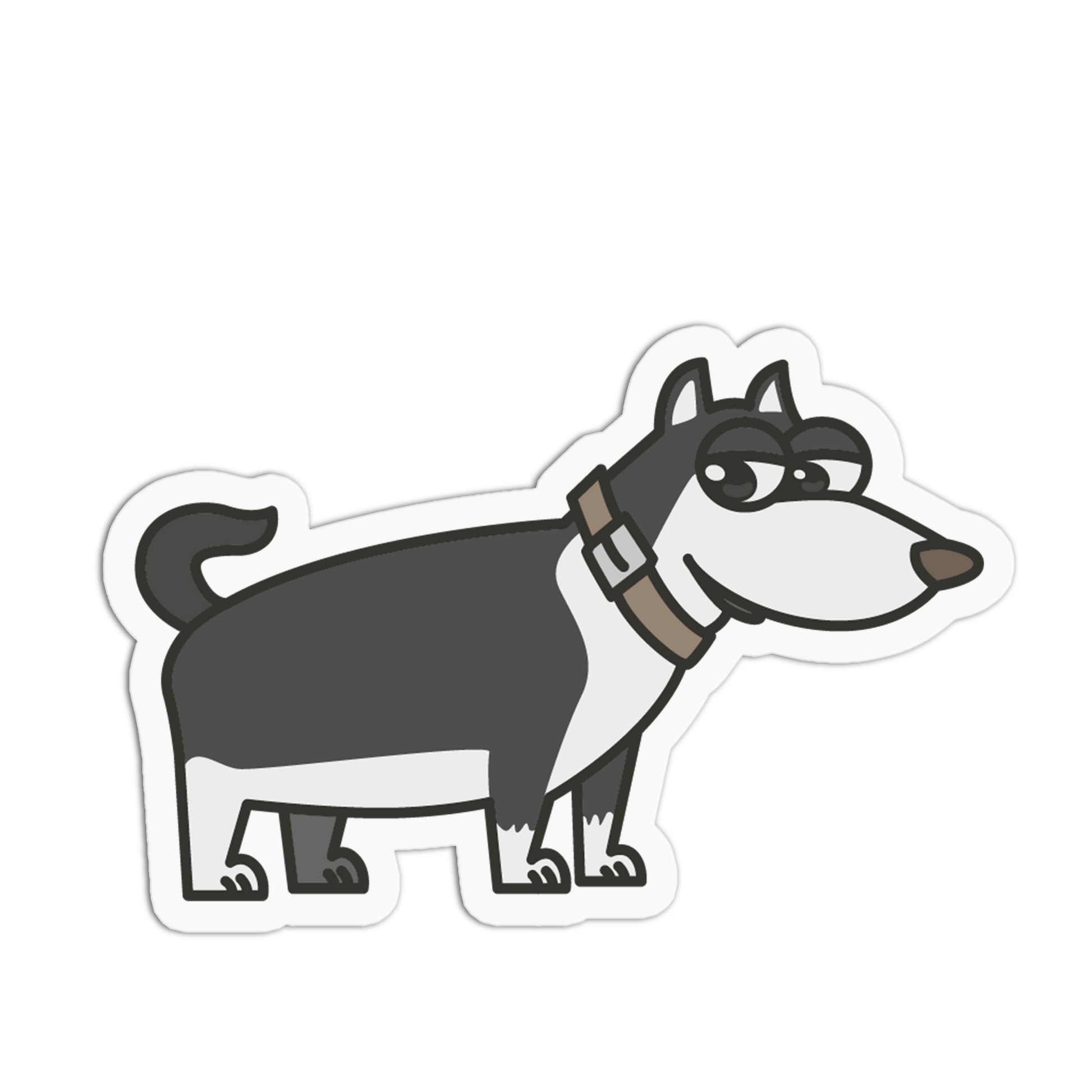 Cartoon-style dog sticker with a black and white color scheme on a white background