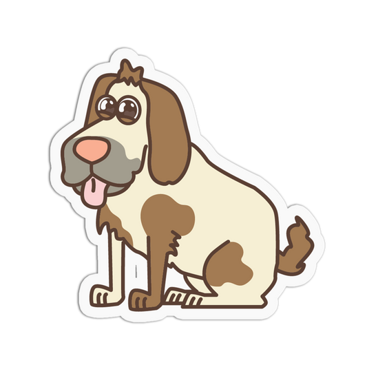 Cartoon dog sticker with brown and beige fur on a white background