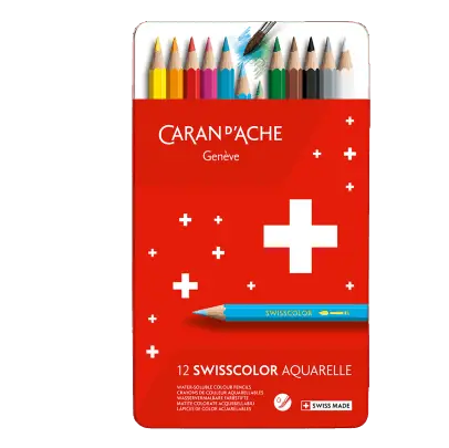 Caran d'Ache Swisscolor Aquarelle color pencils set in a red tin with a white cross logo.