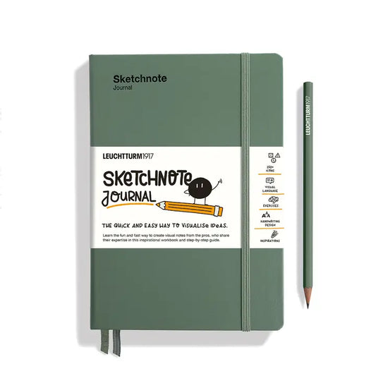 Green sketchnote journal with pencil on a white background