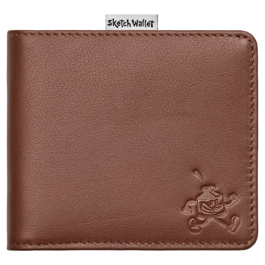 Brown leather wallet with a brand logo on a white background