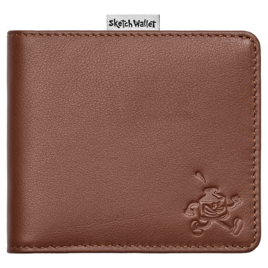 Brown leather wallet with a brand logo on a white background