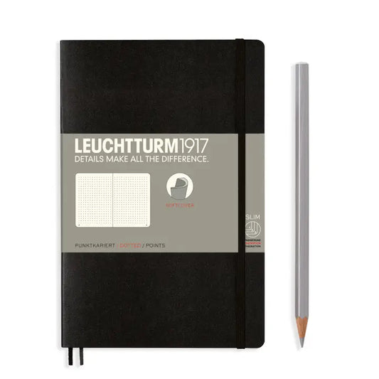 Black notebook with gray back cover featuring Leuchtturm1917 branding, next to a silver pencil on a white background.