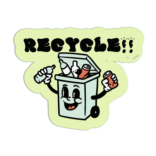 Cartoon recycling bin with 'RECYCLE!!' text on a light green background
