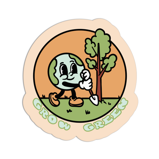 Cartoon character planting a tree with 'Grow Green' text on a circular sticker.
