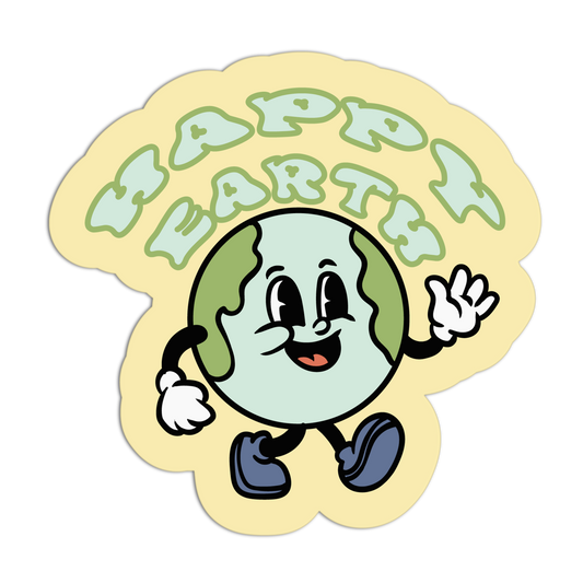 Cartoon Earth character with 'Happy Earth' text on a yellow background