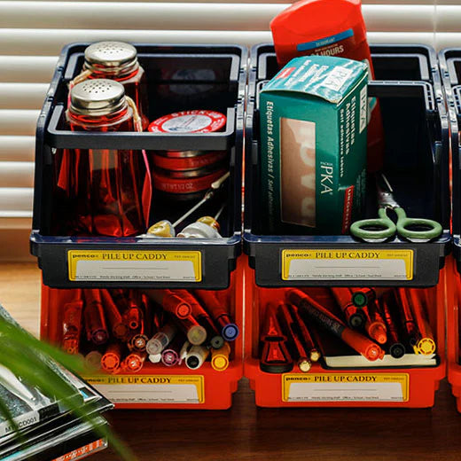 Stacked Storage Caddies filled with items