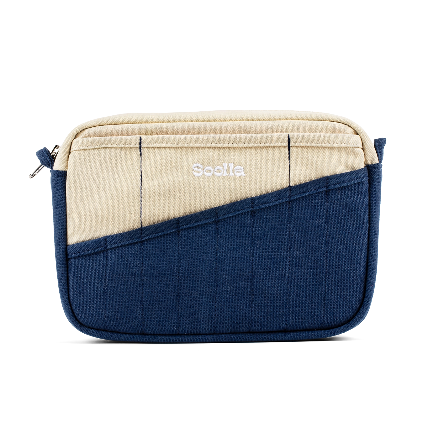 Beige and navy bag with 'Soolia' branding on a white background